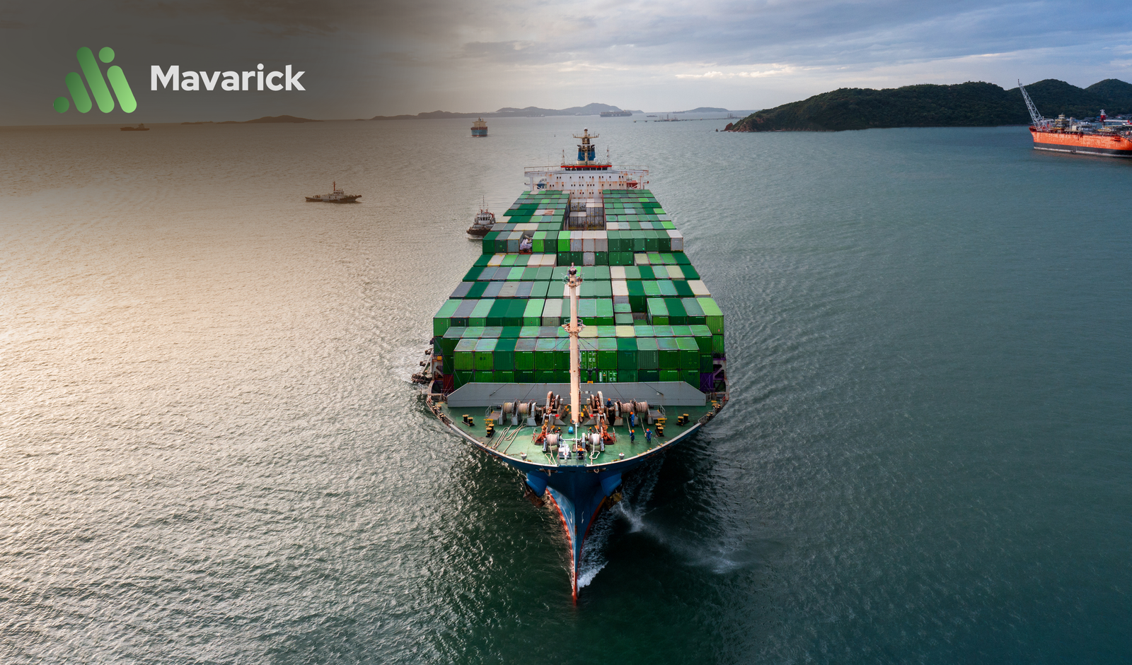 Ship transporting goods to the EU with Mavarick logo